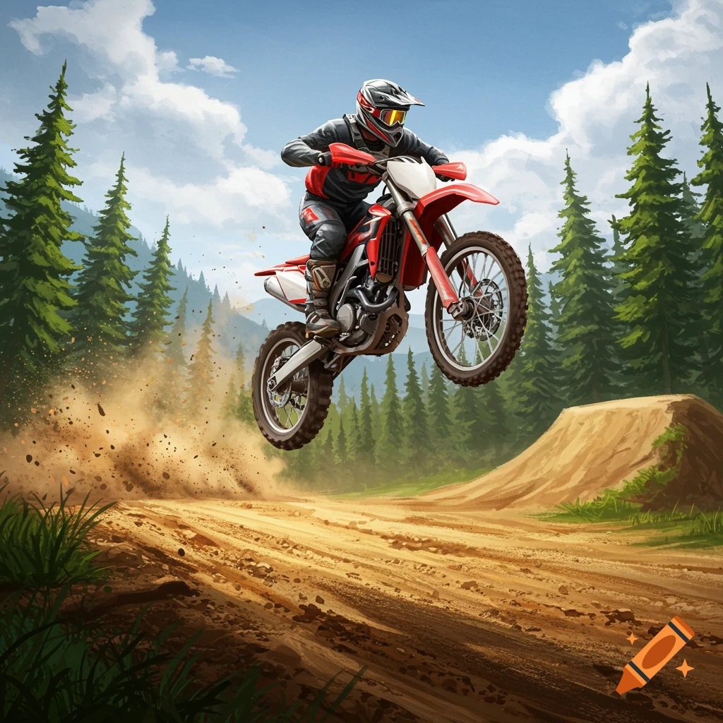 Stylized illustration of a person on a red dirt bike jumping over a dirt mound on a forest track.