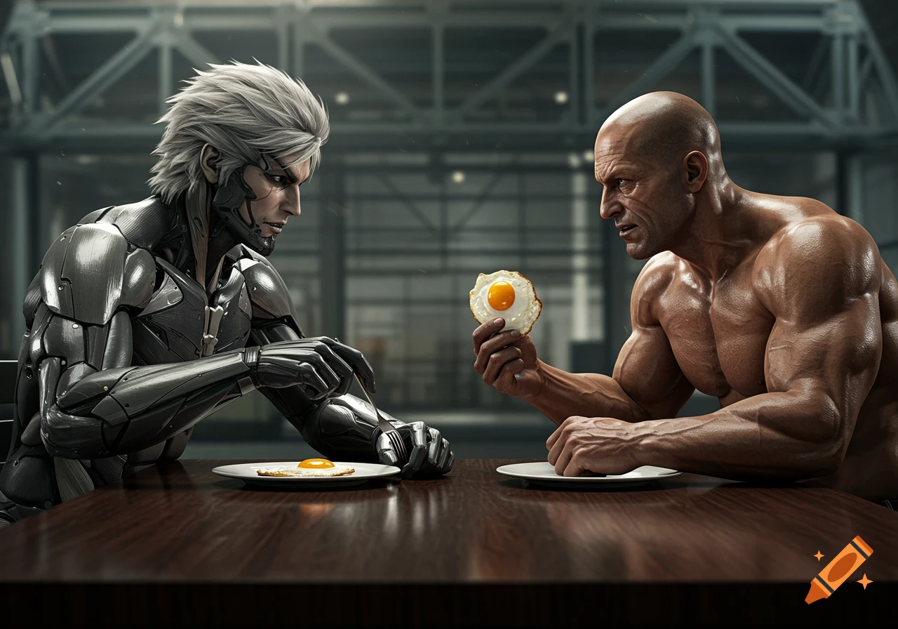 Raiden, a cyborg, and a muscular bald man, Senator Armstrong, sit at a table, eating fried eggs in a photorealistic style.