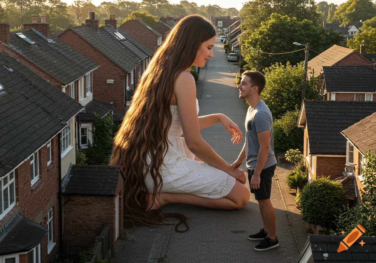 A photorealistic image of a giantess kneeling on a street, smiling at her normal-sized boyfriend who sits on a nearby roof.