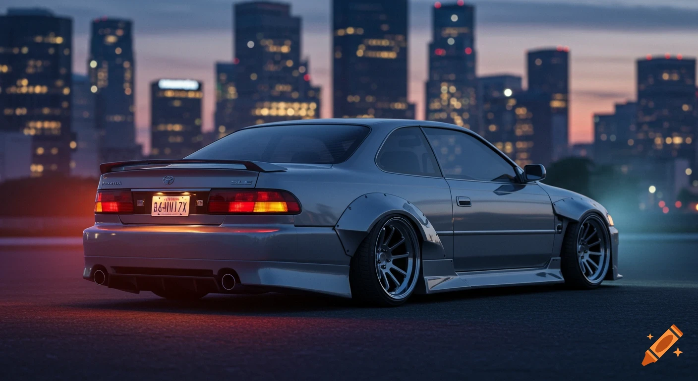 A modified silver Toyota Solara coupe with a wide body kit, parked at dusk in front of a blurred city skyline.