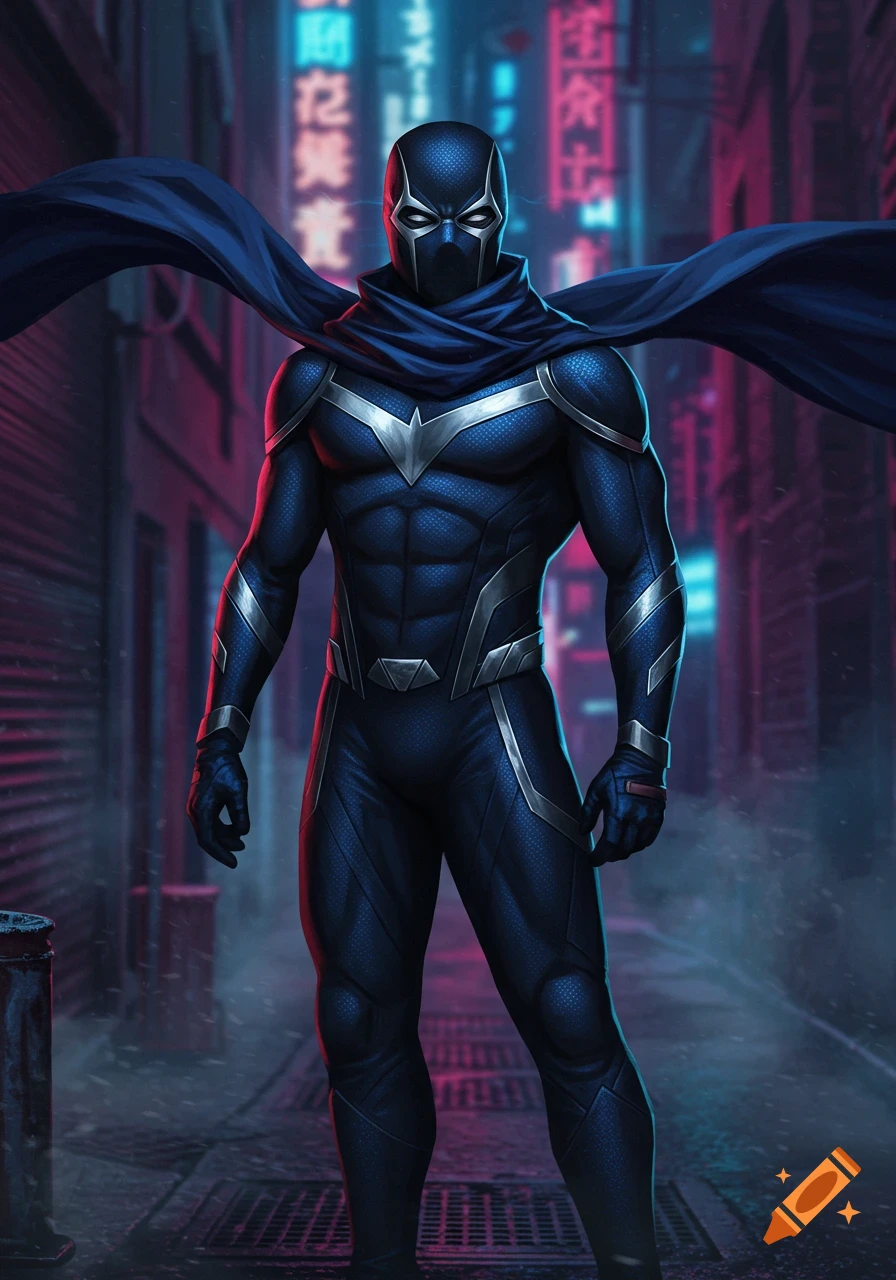 A dark blue superhero in a suit with a flowing cape and a masked face, standing in a neon-lit futuristic alley.