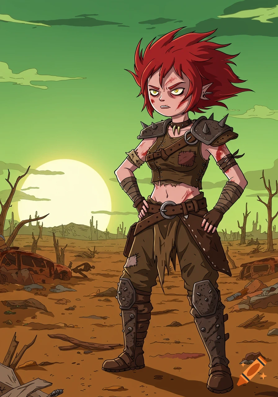 A fierce, red-haired raider girl in a cartoon style stands in a desolate, post-apocalyptic desert landscape with a green sky.