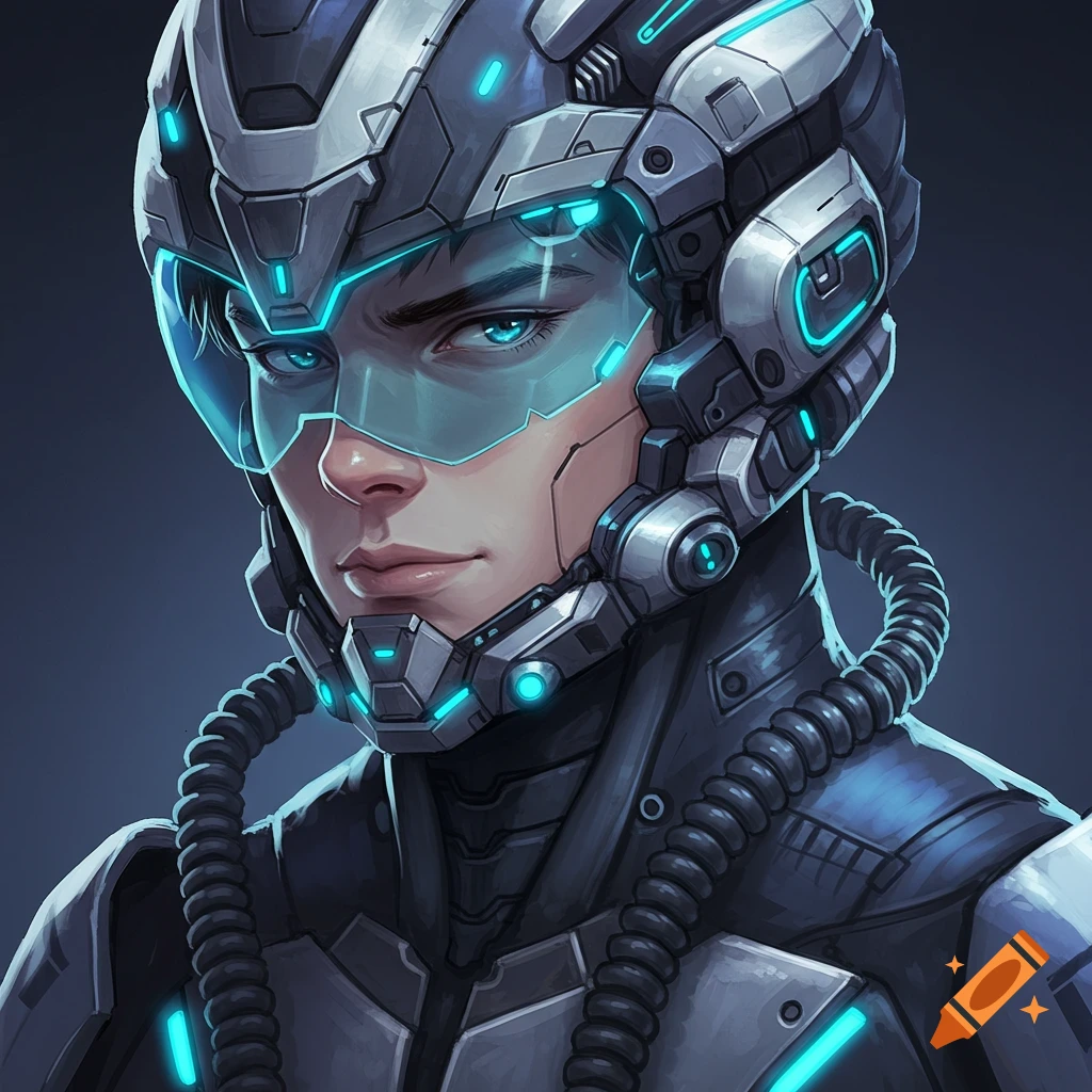 Anime portrait of a male mech pilot wearing a futuristic suit and helmet with glowing blue accents.