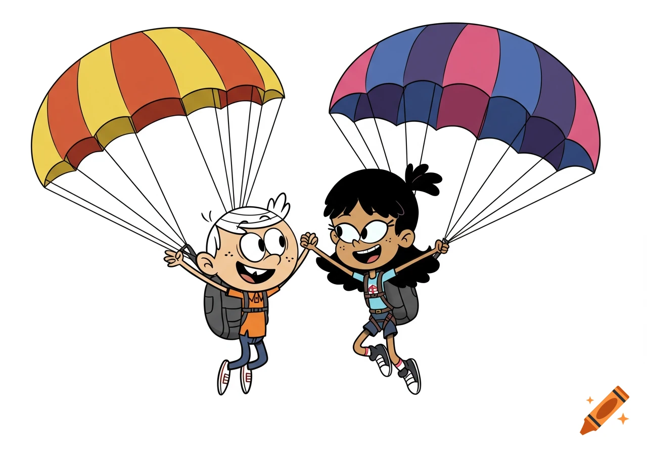 Cartoon characters Lincoln Loud and Stella Zhau hold hands while smiling and parachuting with colorful parachutes.