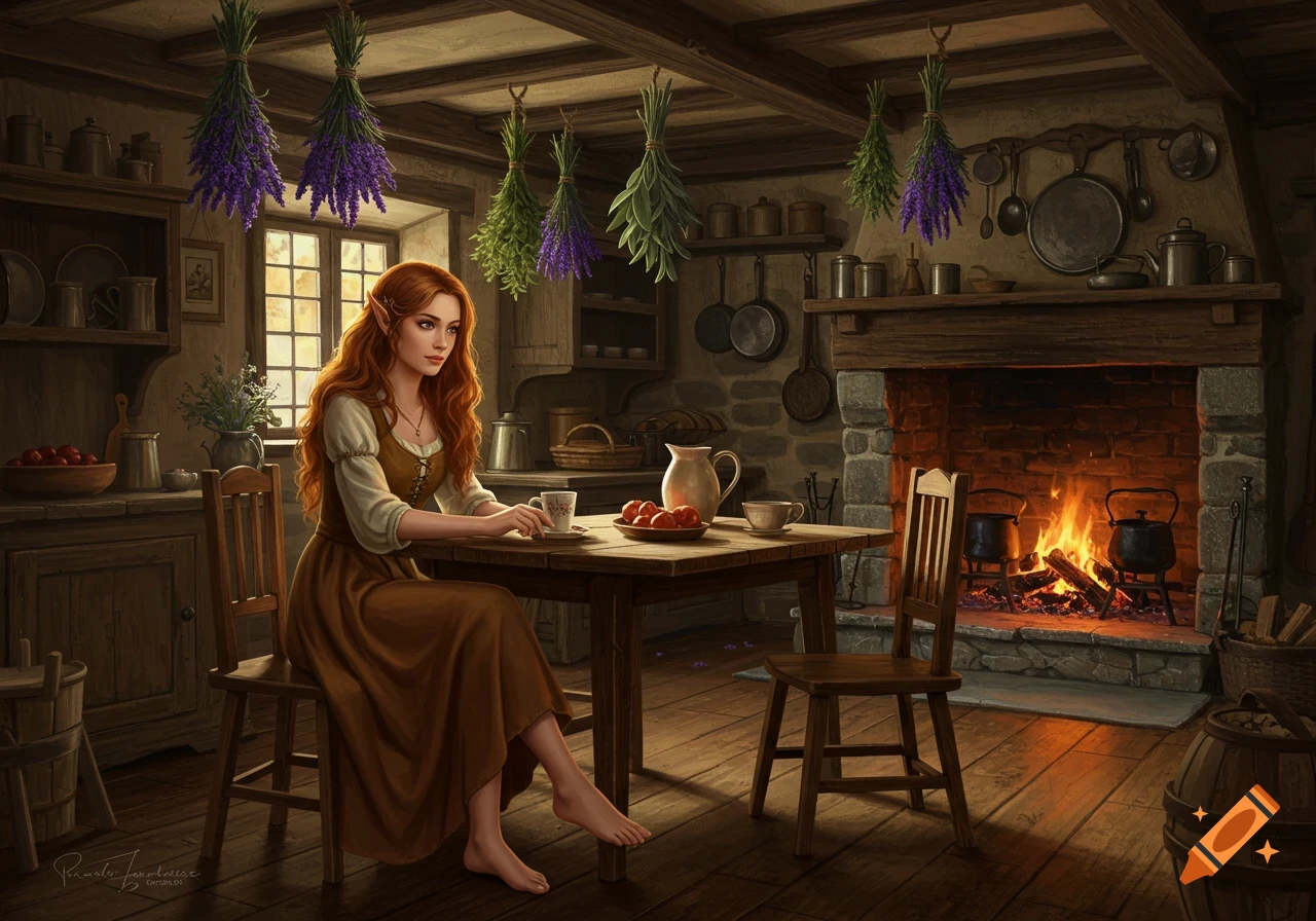 A red-haired fantasy woman with pointed ears sits barefoot at a wooden table in a cozy, rustic kitchen with hanging herbs and a crackling fireplace.