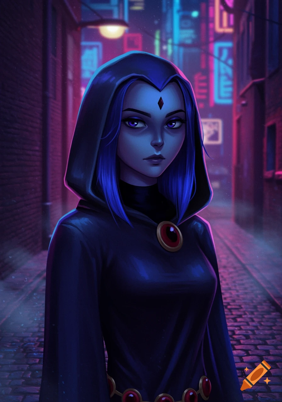 A stylized illustration of Raven from Teen Titans in a dark hooded cloak, standing in a neon-lit city alley at night.