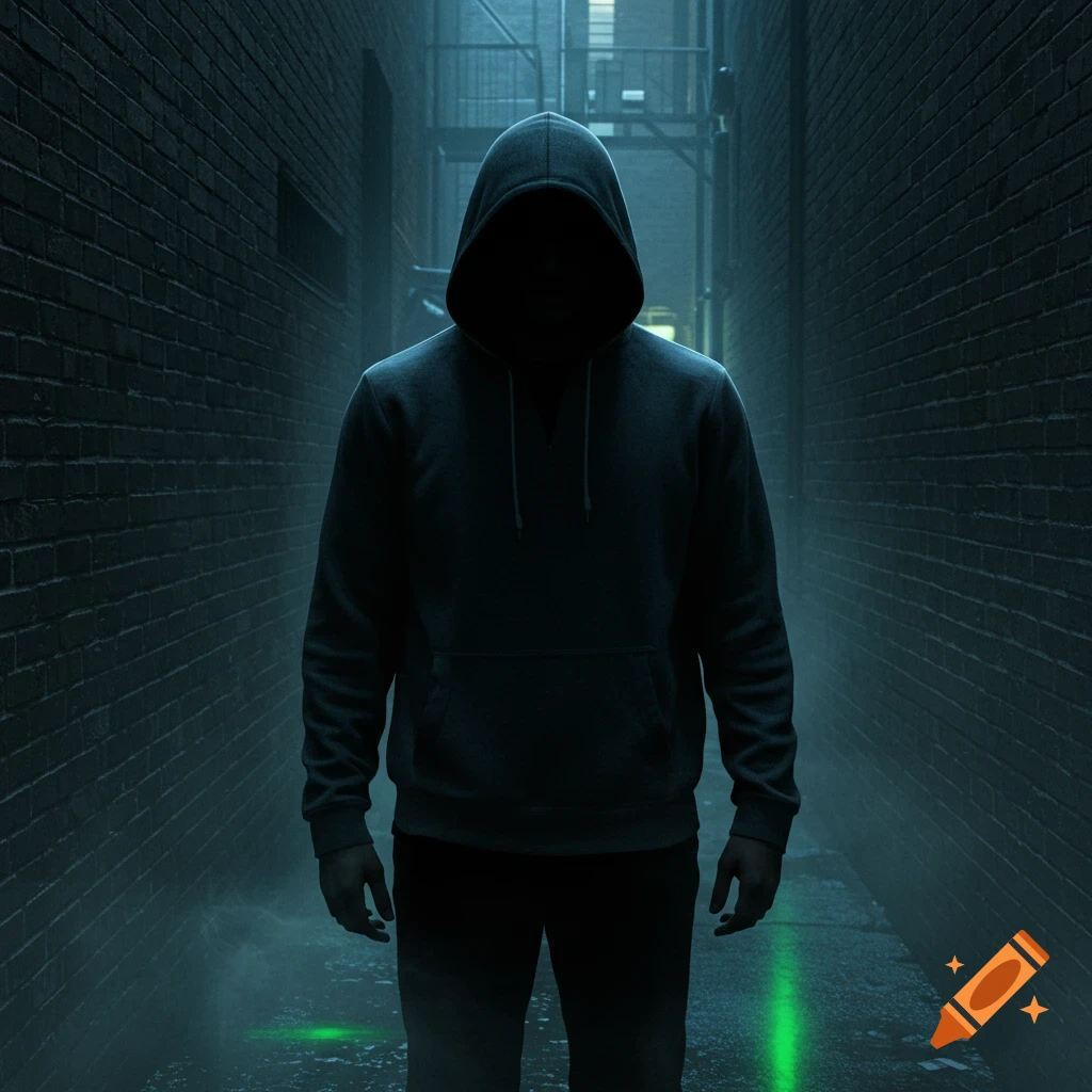 A person in a dark hoodie stands in a shadowy alley, face obscured by shadow. Green light reflects on the wet ground.