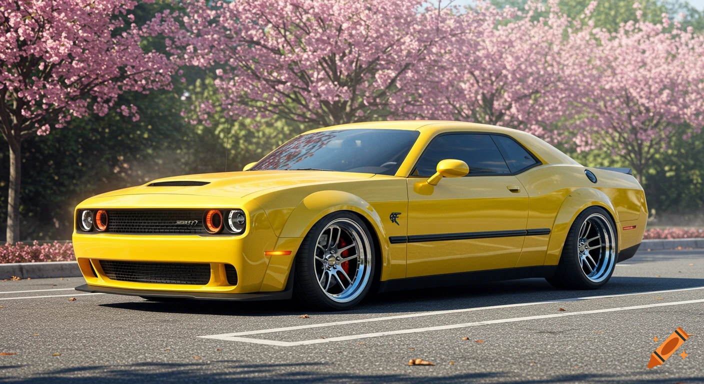 A vibrant yellow Dodge Challenger Hellcat parked on asphalt, with pink cherry blossom trees in full bloom in the background.