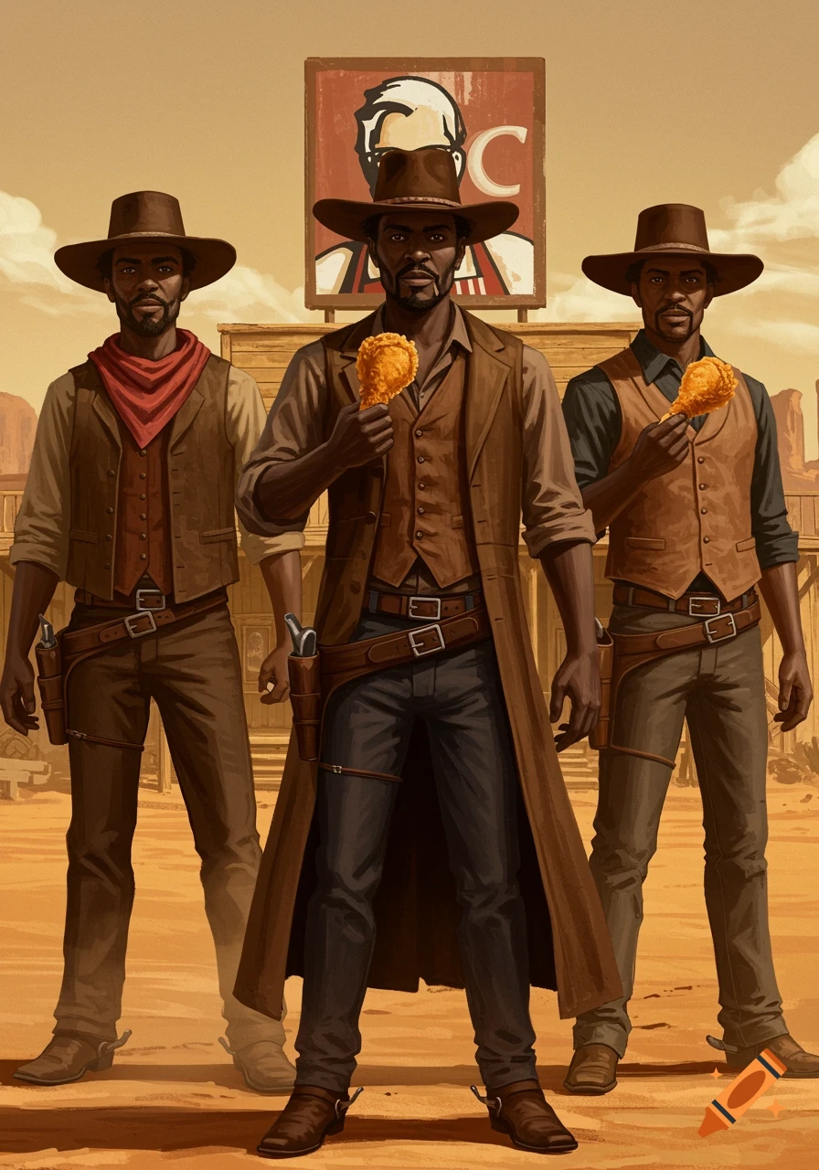 Three Black cowboys stand in a dusty Wild West town; two hold fried chicken drumsticks, with a KFC sign behind them.