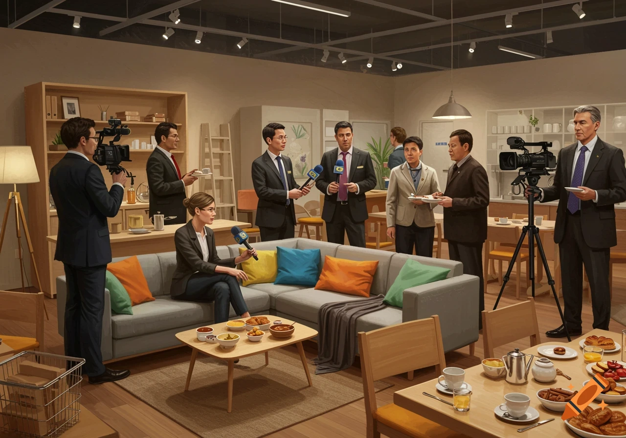 Journalists interview business people at a media breakfast in a detailed roomset, with a buffet table in the foreground.
