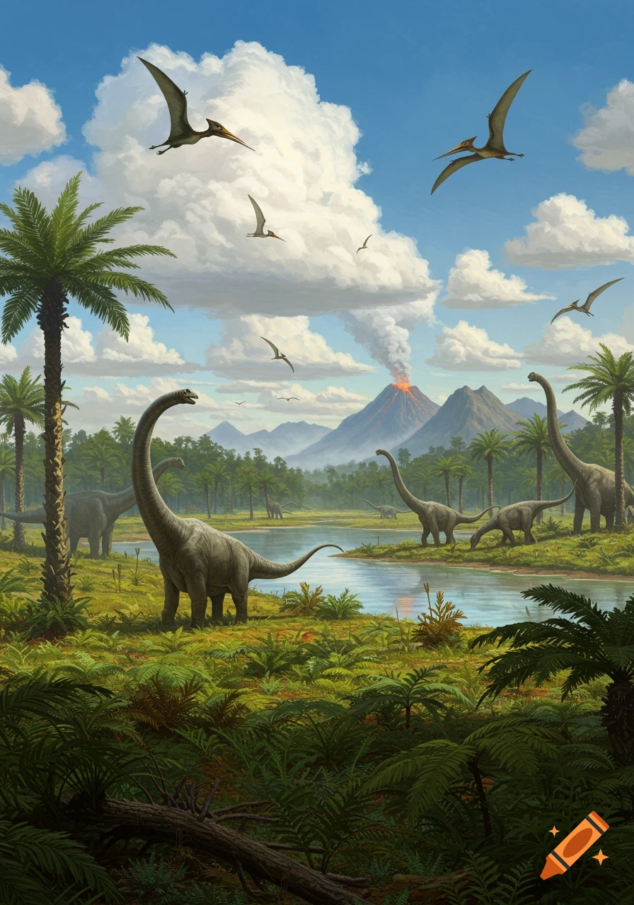 Several dinosaurs and pterosaurs in a lush prehistoric landscape with a river and an erupting volcano.