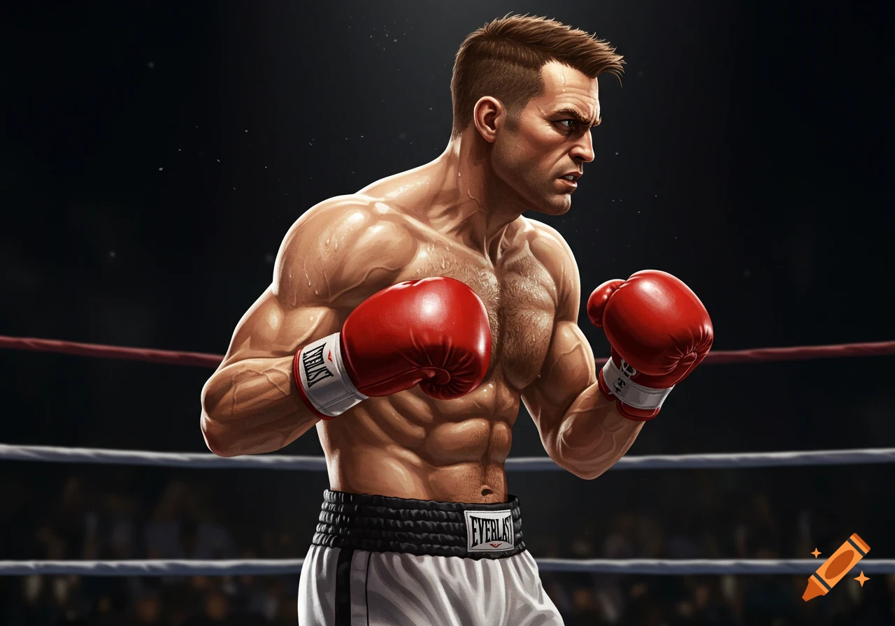 A photorealistic illustration of a muscular boxer with red gloves and white trunks, sweating in a boxing ring.