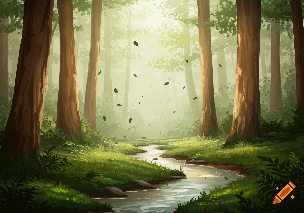 A painted forest scene with tall trees, a winding stream, and falling green leaves bathed in sunlight.