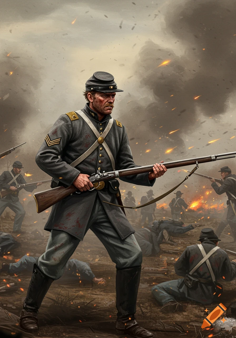 A Civil War soldier in a grey uniform, holding a musket, stands resolute amidst a chaotic battle scene with smoke, fire, and fallen comrades.