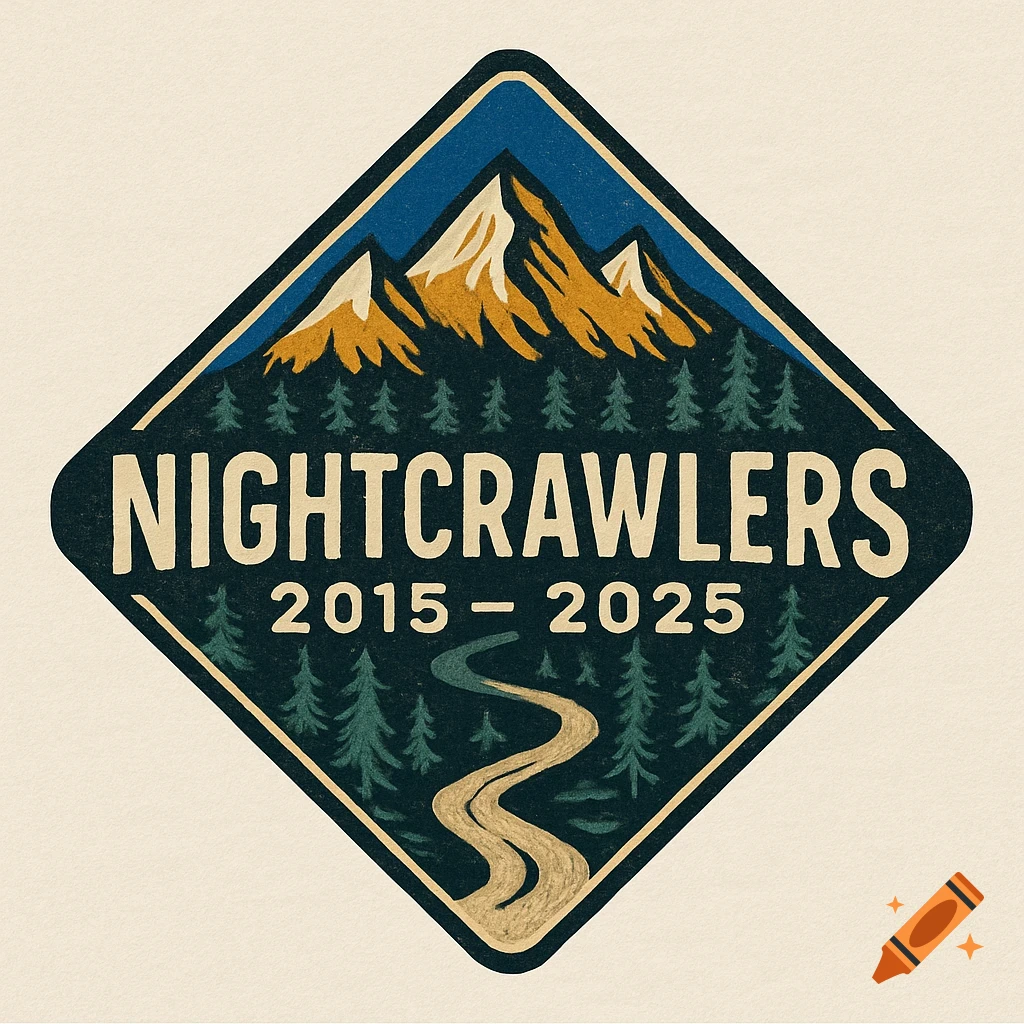 A rugged, diamond-shaped Nightcrawlers 2015-2025 logo with golden mountains, green pine trees, and a trail on dark blue.