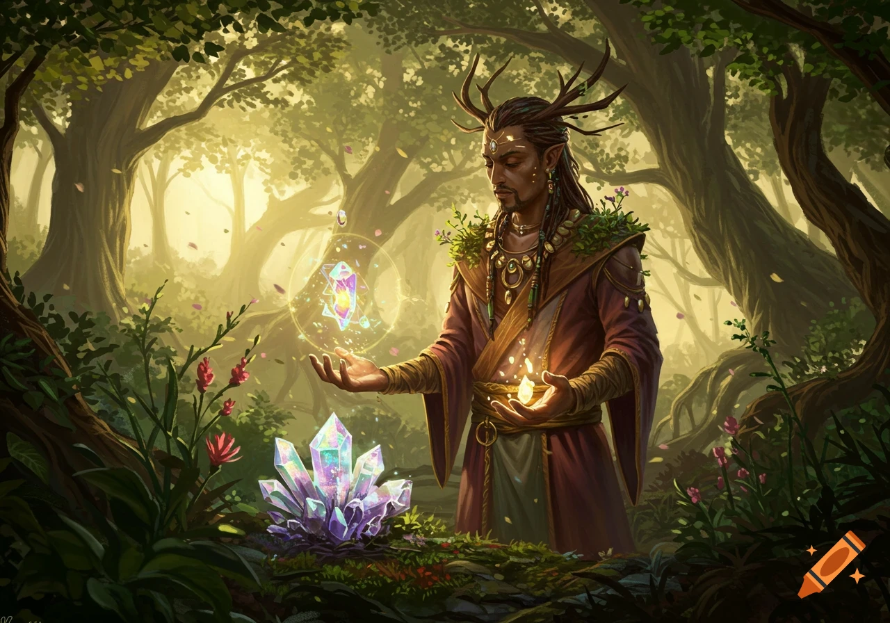 A male healer with antlers and braids holds glowing crystals in a mystical forest, rendered as a detailed digital painting.