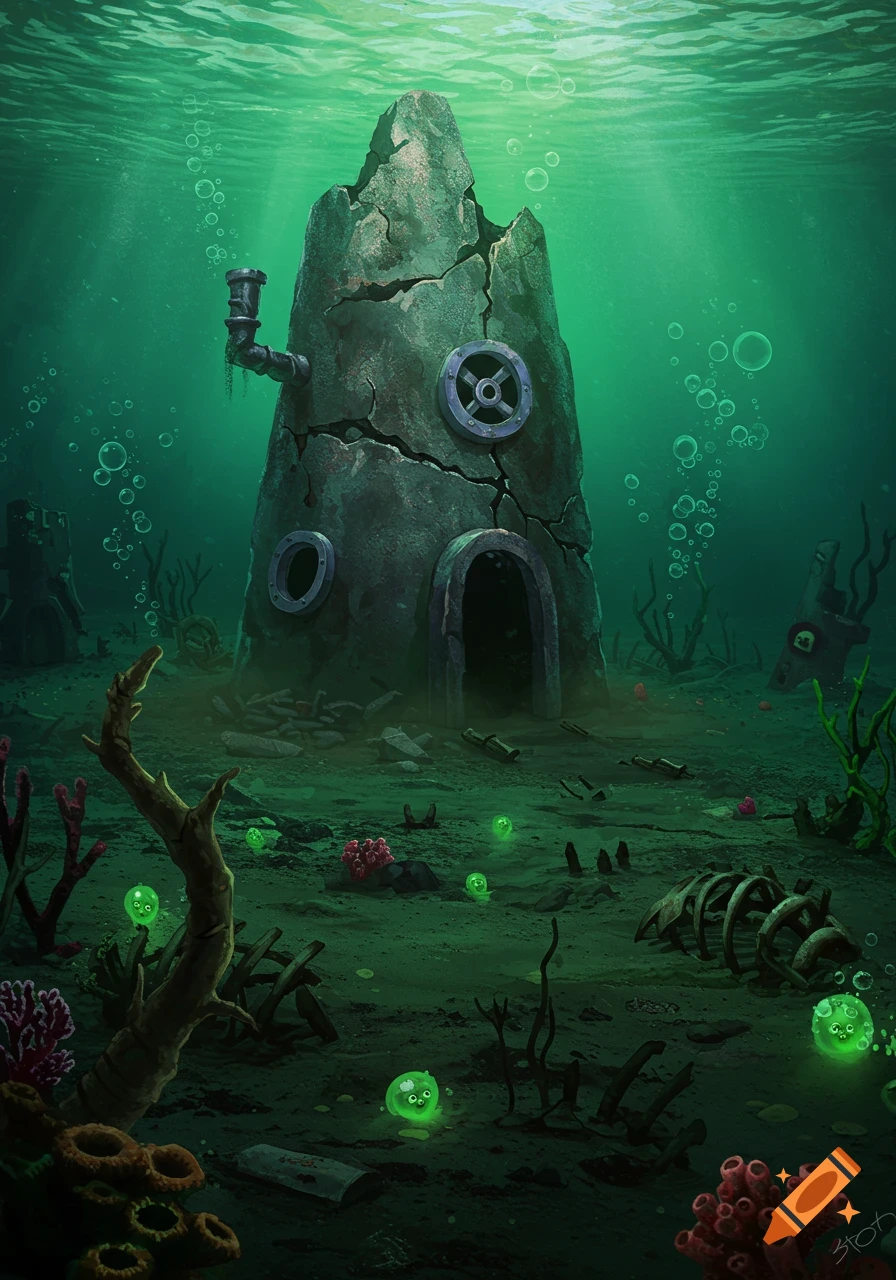 An eerie, post-apocalyptic underwater scene featuring a dilapidated rock house, debris, and glowing green blobs.