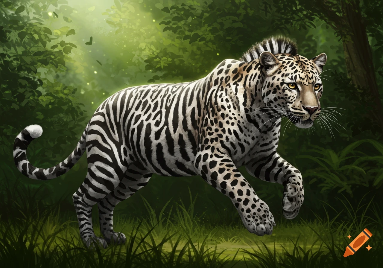 A leopard with zebra stripes running through a sunlit, green jungle, rendered in an illustrative style.