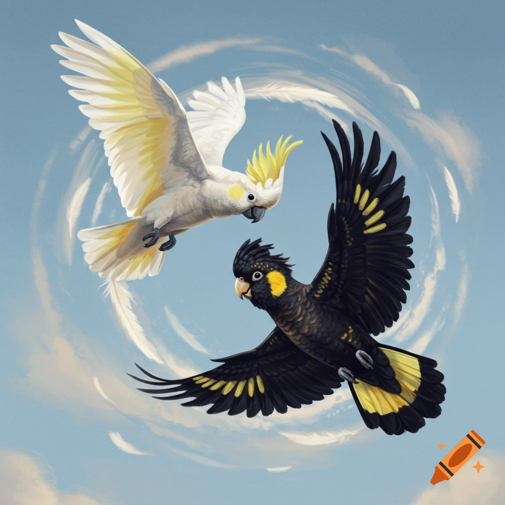 An illustrated white cockatoo and a black and yellow cockatoo fly in a blue sky, arranged in a yin-yang shape with swirling feathers.