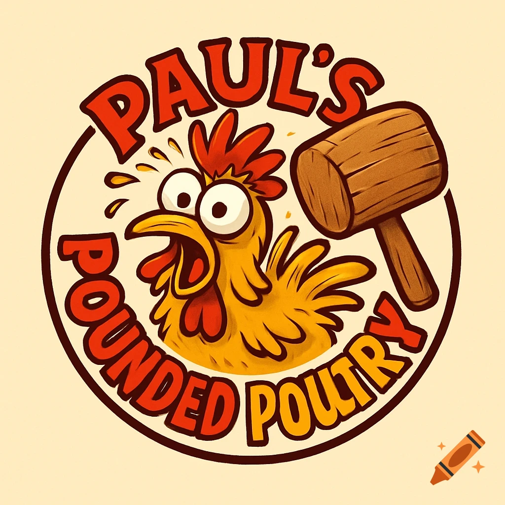 A fun cartoon logo for 'Paul's Pounded Poultry' featuring a dazed chicken with ruffled feathers next to a wooden mallet.
