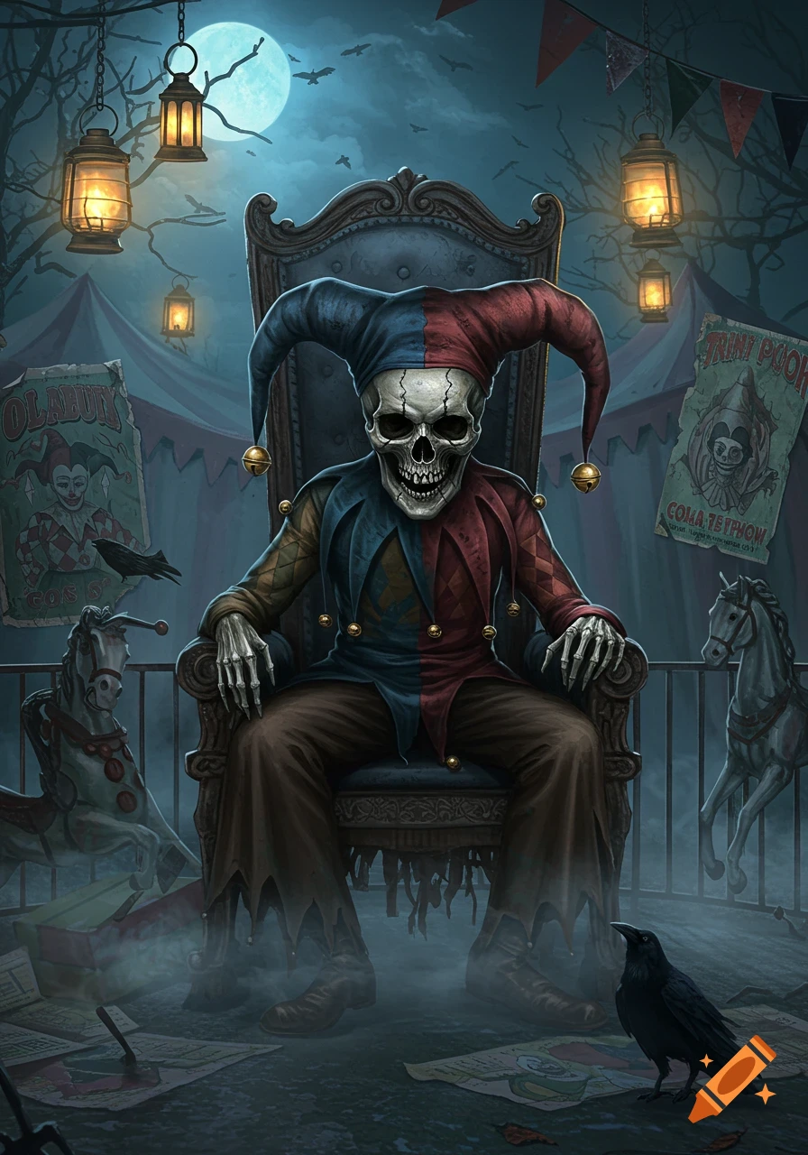 A skeletal jester in a red and blue outfit with a horned hat sits on an ornate throne in a dark, foggy circus setting under a full moon, surrounded by lanterns and abandoned carnival rides.