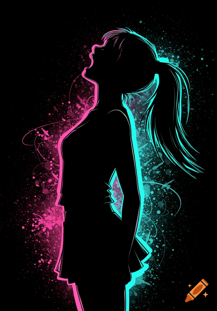 Silhouette of a girl with a ponytail screaming, outlined in pink and teal neon against a dark, splattered background.