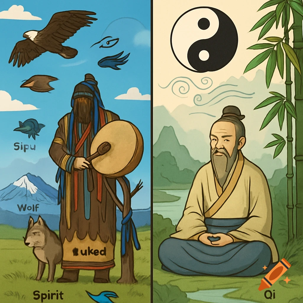 A split infographic. The left side, representing Tengrism, shows a shaman, eagle, wolf, and a mountain under a blue sky. Text labels include 'Sipu', 'Wolf', 'uked', and 'Spirit'. The right side, representing Daoism, shows a meditating sage, bamboo, and a Yin-Yang symbol. It is labeled 'Qi'.
