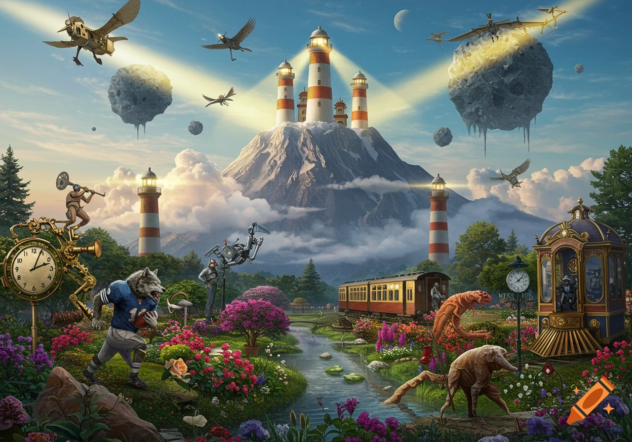 A vibrant, surreal landscape featuring a mountain topped with clockwork lighthouses, flying ornithopters, and floating asteroids. In the foreground, a werewolf in a football uniform runs through a lush garden with a winding river. Other elements include an old train, mechanical figures, and fantastical creatures.