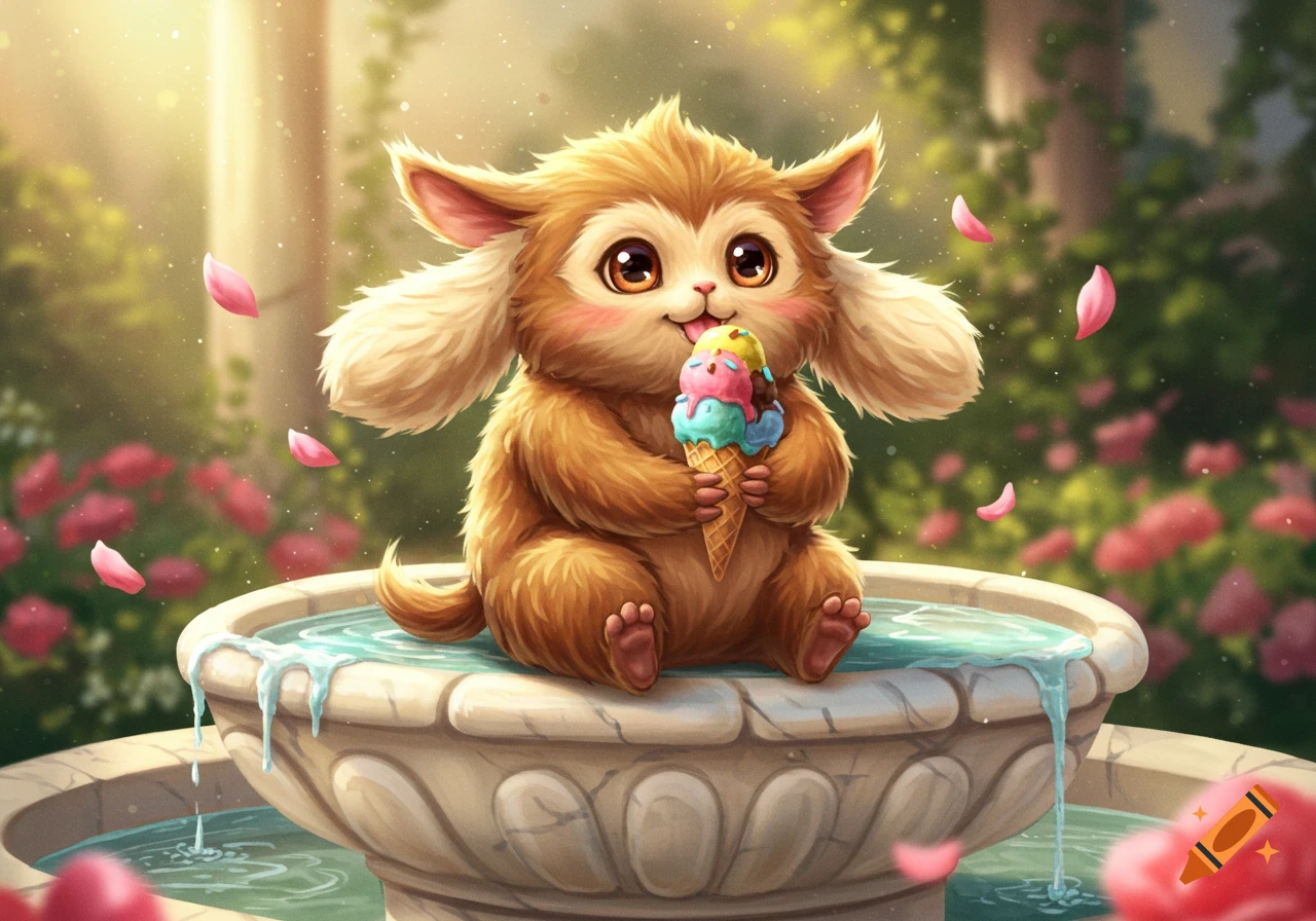 A fluffy, brown, cartoonish creature with large ears sits on a stone fountain, happily eating a colorful ice cream cone in a sunlit garden with pink petals.