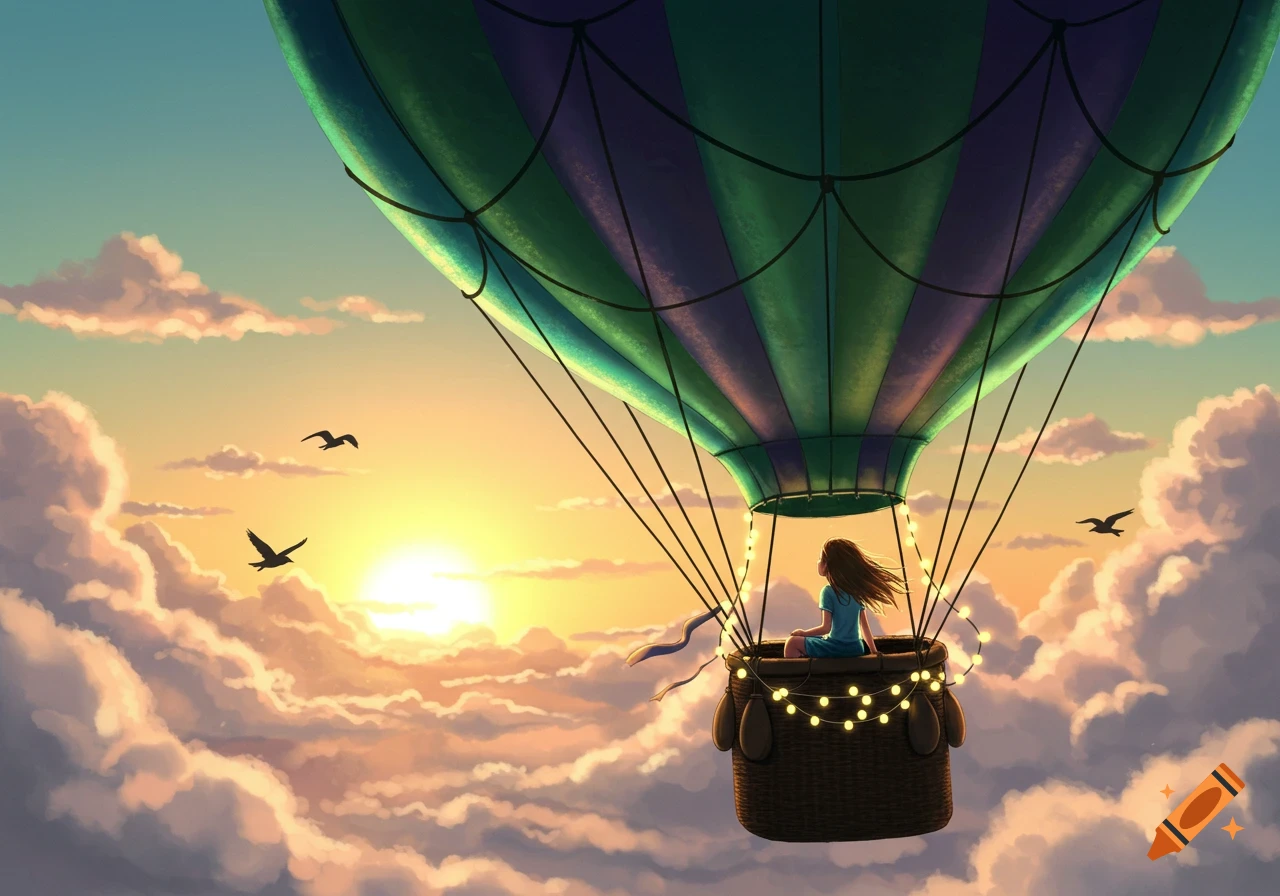 A girl in a hot air balloon basket with glowing lights floats through a cloudy sky at sunset, with birds flying.
