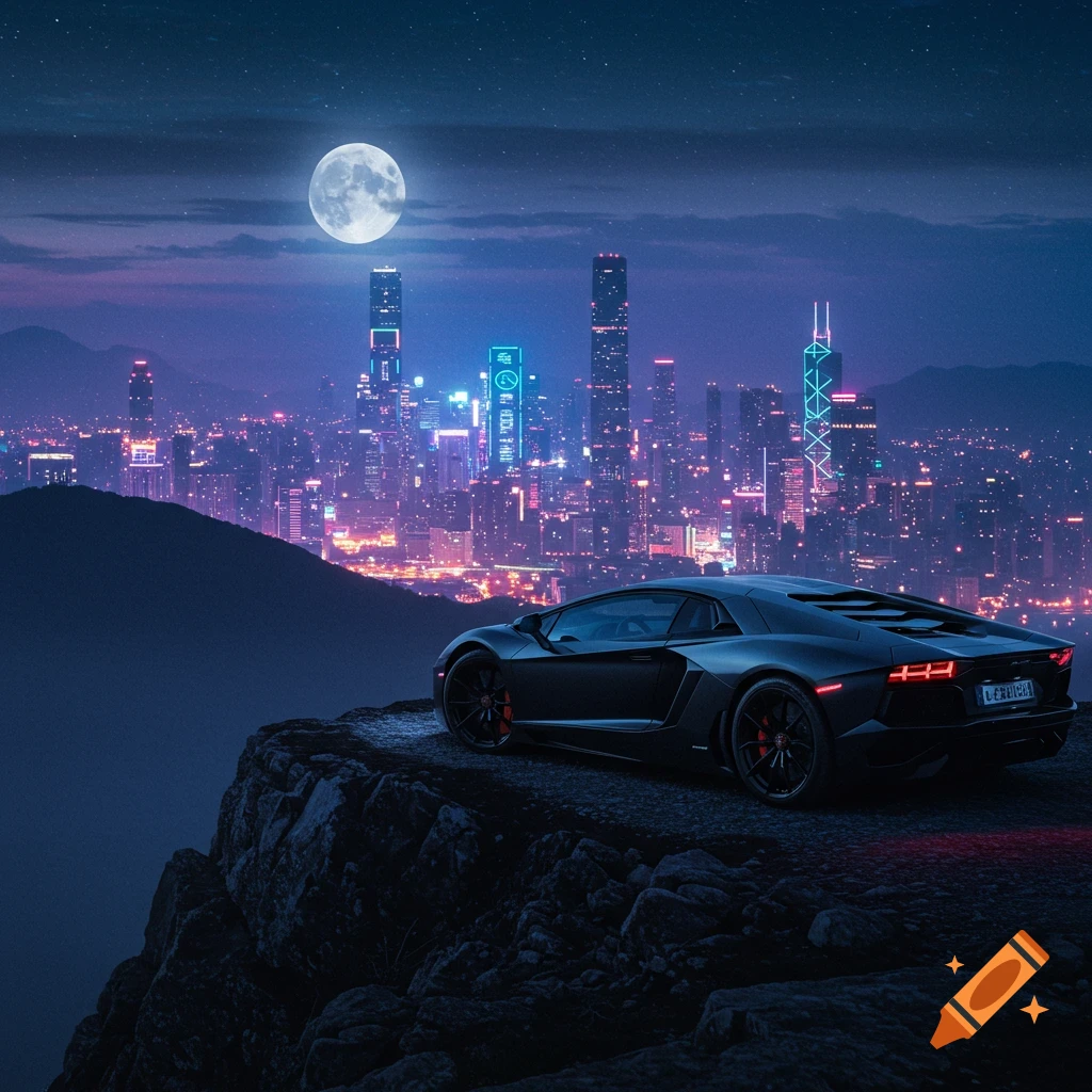 A black Lamborghini Aventador SVJ parked on a mountain cliff overlooking a vibrant, futuristic neon city at night under a full moon.