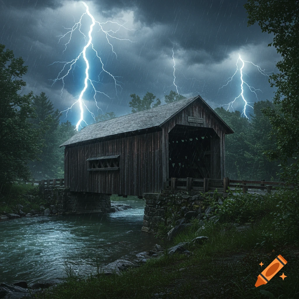 A photorealistic image of an old wooden covered bridge spanning a river during a violent thunderstorm with multiple lightning strikes.
