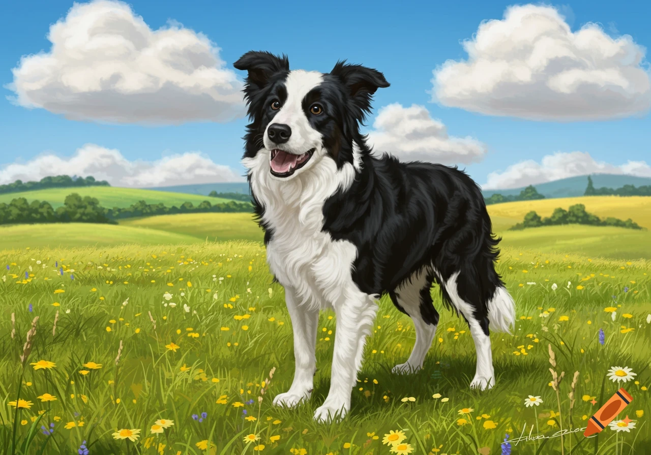 A black and white Border Collie dog stands in a vibrant green field filled with yellow and white wildflowers under a blue sky.