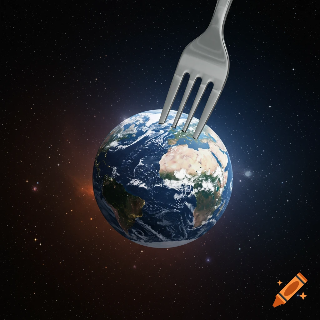 A large silver fork is poised to pierce a realistic-looking planet Earth set against a starry cosmic background.