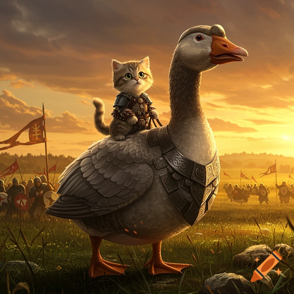 A cute armored kitten rides an armored battle goose into war, with an army in the background at sunset.
