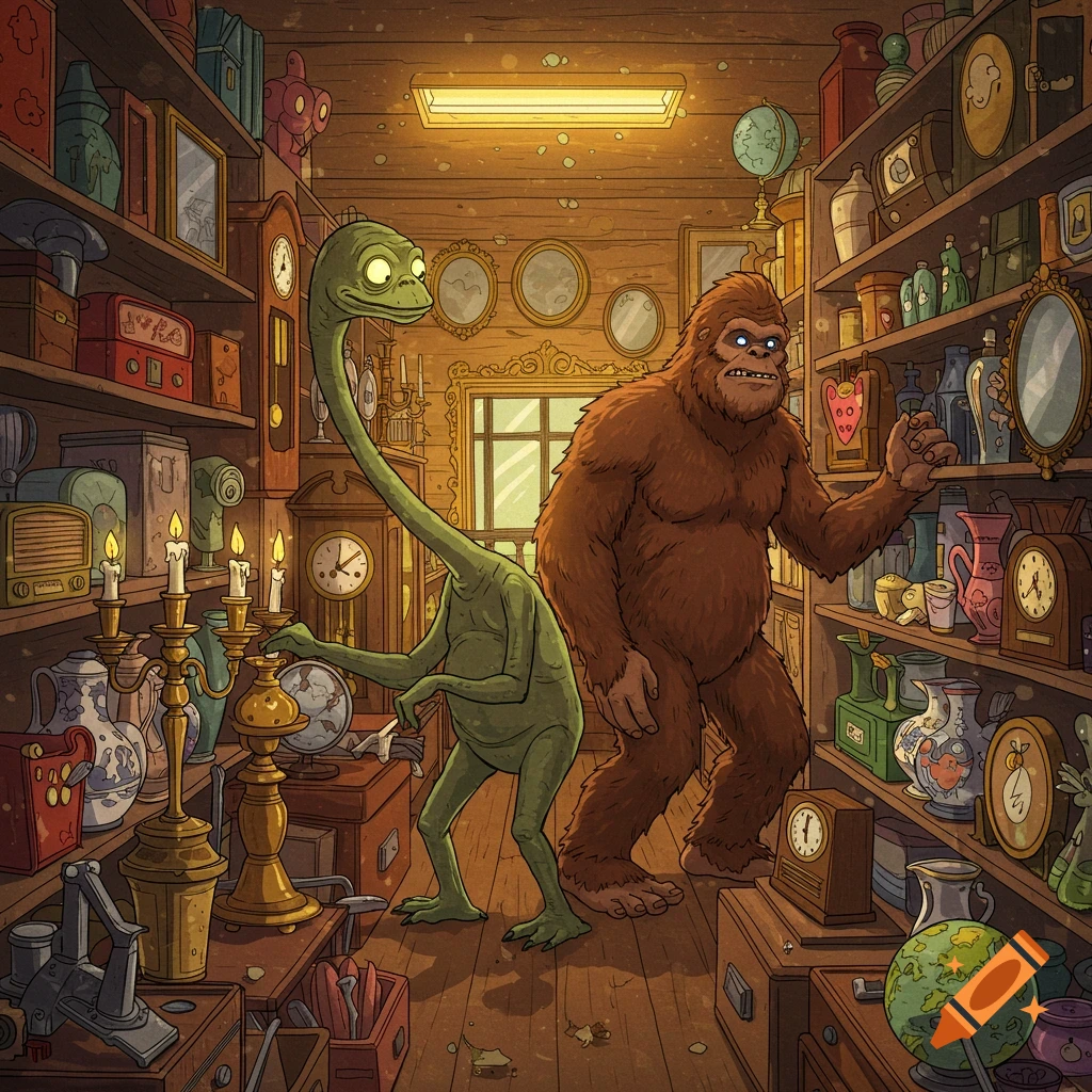 Cartoon illustration of the Flatwoods Monster and Bigfoot in a cluttered antique shop, surrounded by shelves of old objects.
