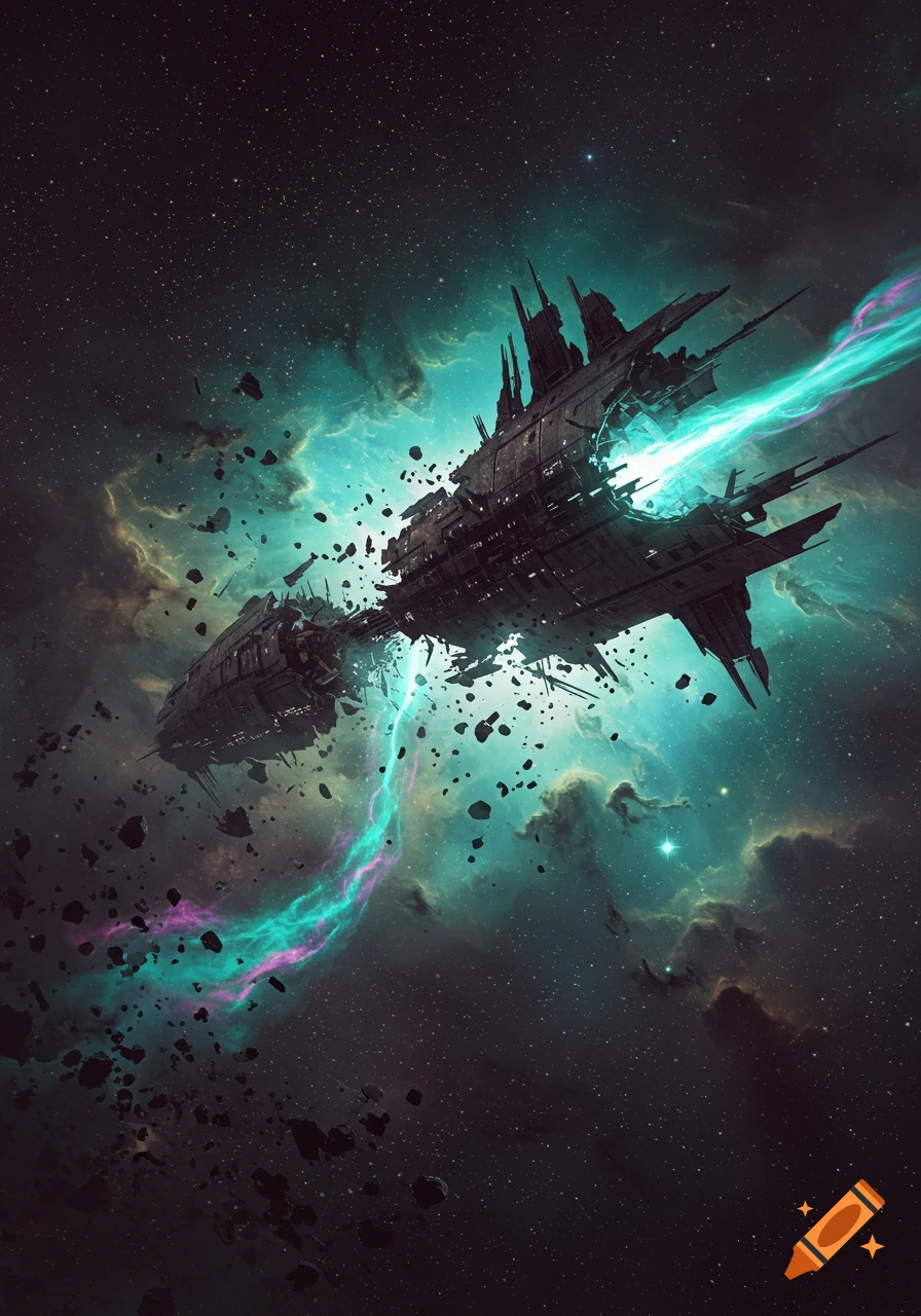 A massive wrecked spaceship, emitting a bright blue energy beam, floats amidst debris and a vibrant teal and purple nebula in deep space.