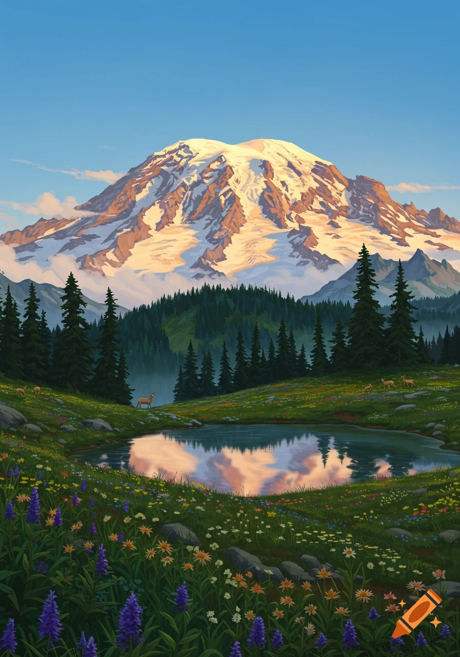 A majestic snow-capped mountain overlooks a serene lake and a vibrant wildflower meadow with deer, under a clear sky. Stylized art.