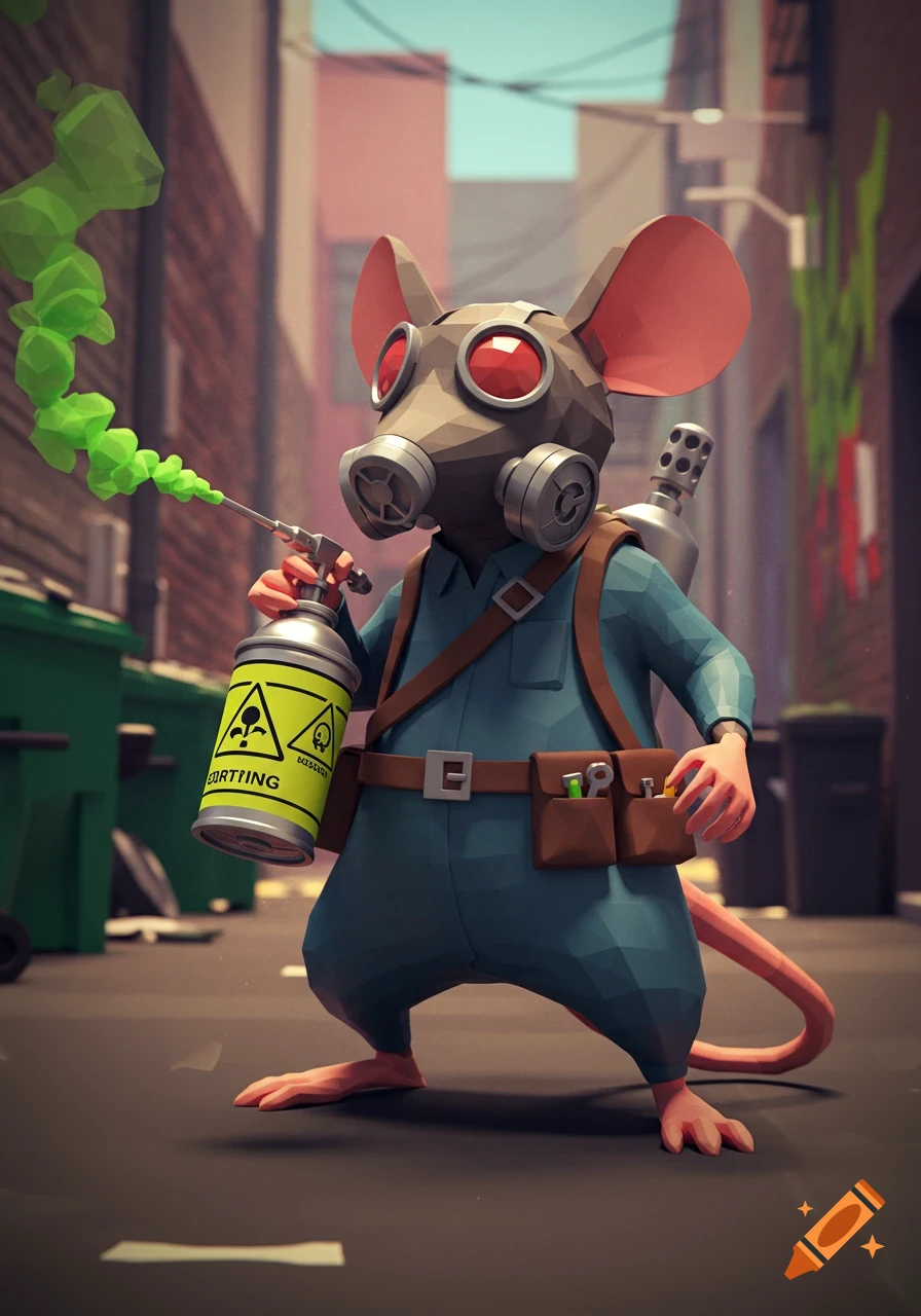 A polygonal 3D rendering of a rat in an exterminator suit and gas mask, holding a green poison spray can in a city alley.