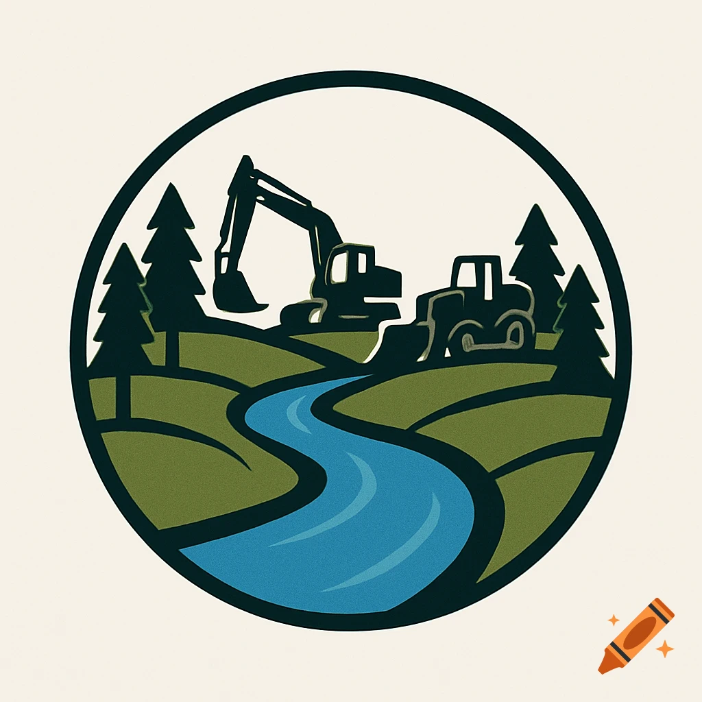 A circular logo illustration depicting an excavator and a front-end loader on grassy hills with pine trees and a blue winding river.