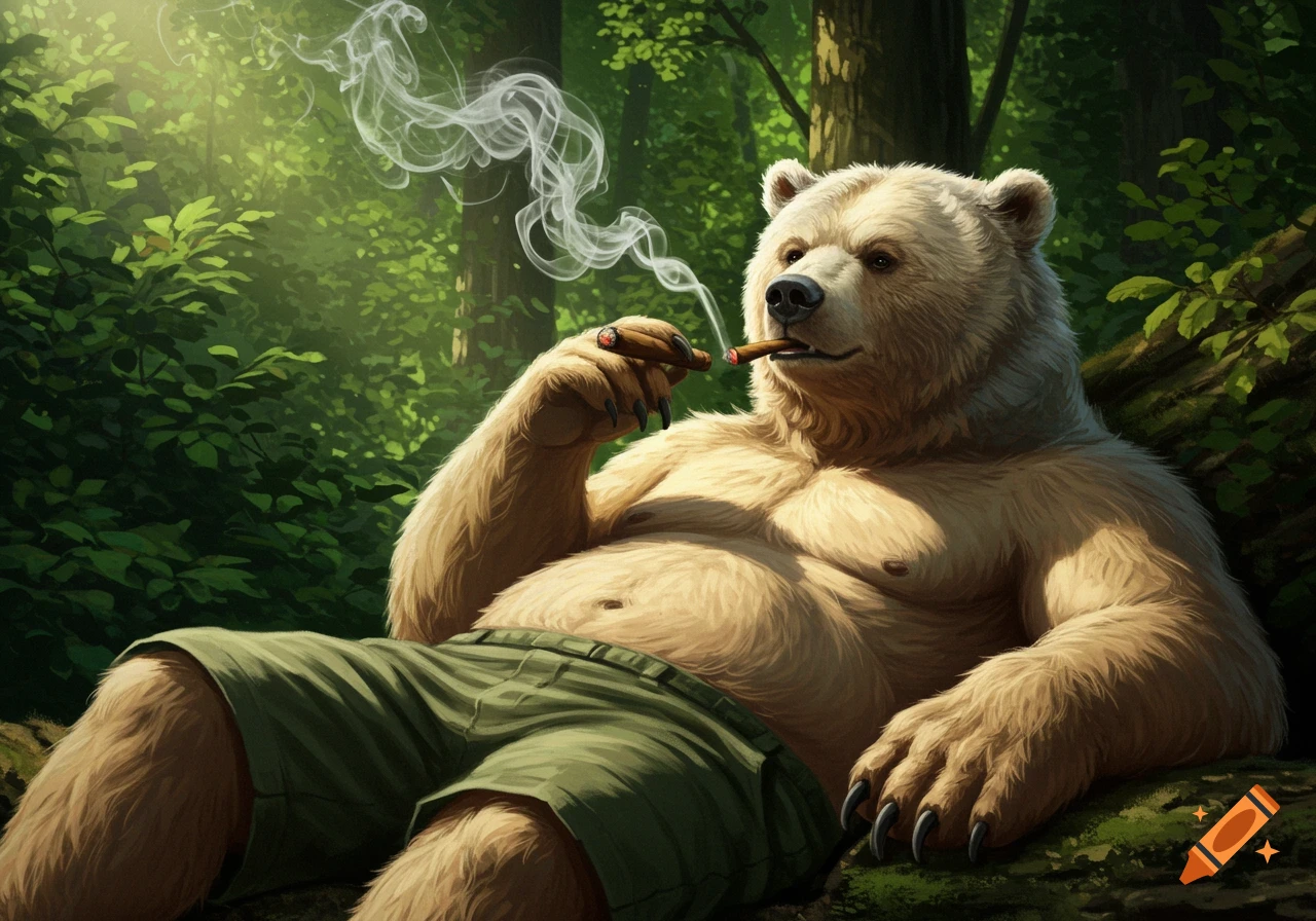 Photorealistic anthropomorphic bear with light fur, wearing shorts, lies relaxed in a lush forest, smoking a cigar with smoke curling upwards.