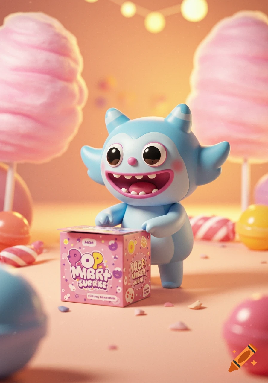 A cute blue monster character with a wide smile opens a pink blind box in a pastel, candy-filled setting.