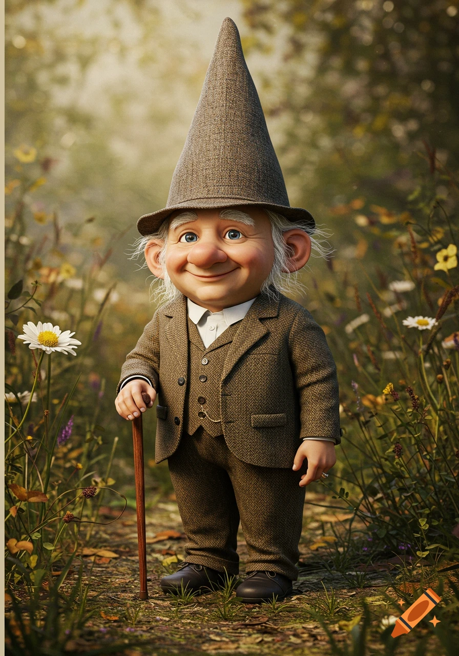 A cheerful, older gnome with a pointy hat and white beard, wearing a tweed suit and holding a cane, stands in a sunlit meadow.