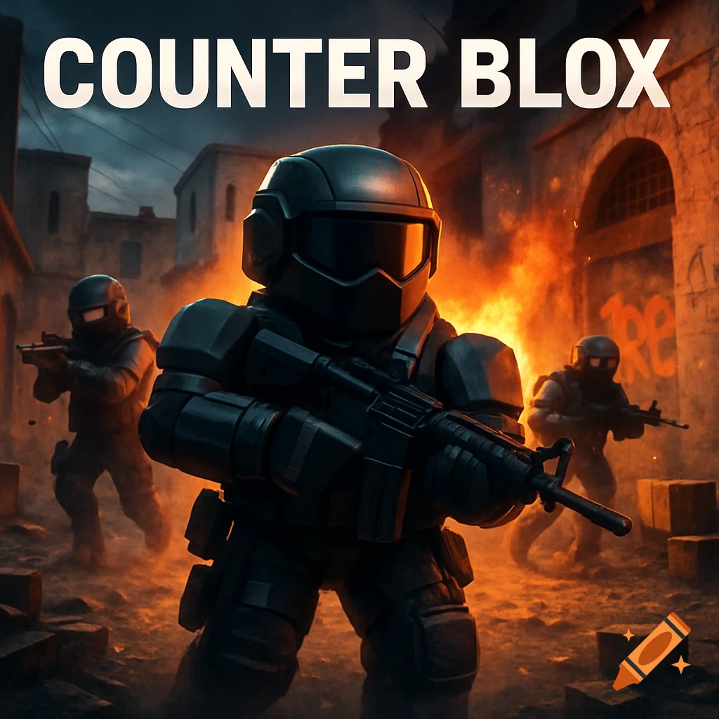 Stylized Roblox-like military characters in a fiery combat scene with the title 'COUNTER BLOX'.