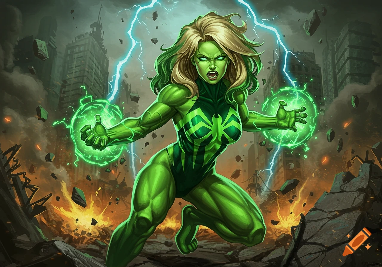 Green-skinned female superhero with blonde hair creating energy blasts in a destroyed city, comic art style.