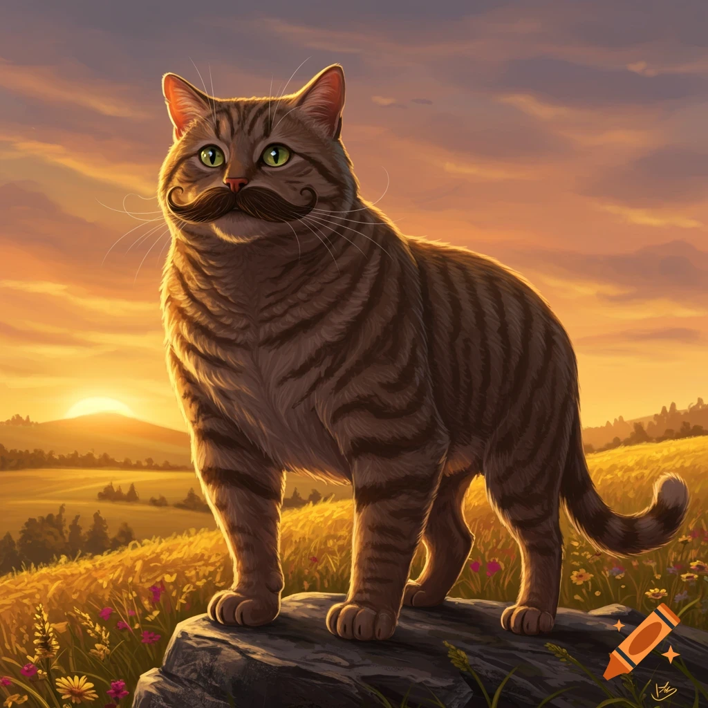 A tabby cat with a prominent curled mustache stands on a rock in a golden field during sunset.