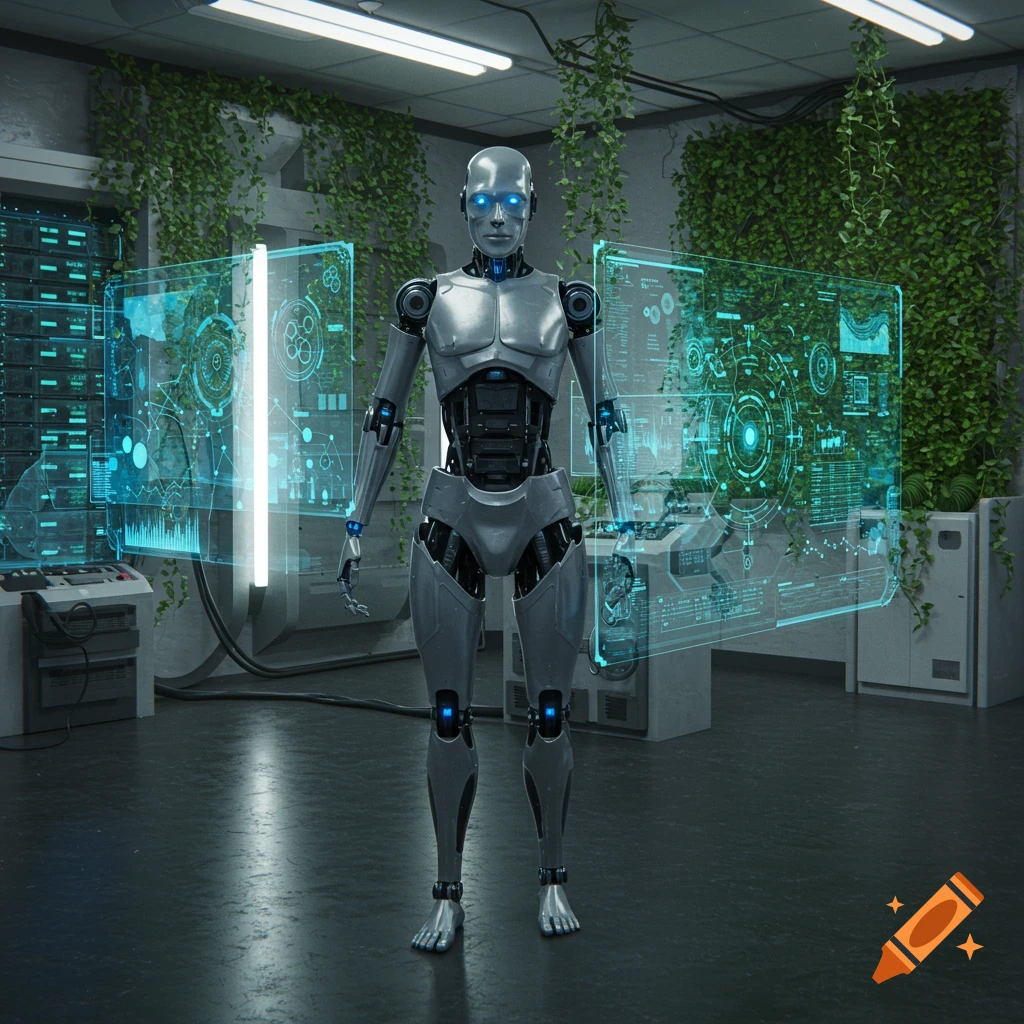 A photorealistic image of a metallic humanoid robot with glowing blue eyes standing in a lab with green vines and holographic data screens.