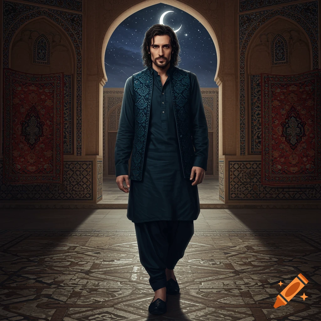 A man with long dark hair and a beard, dressed in dark Pakistani traditional attire, walks through an ornate arched hallway under a crescent moonlit night sky.
