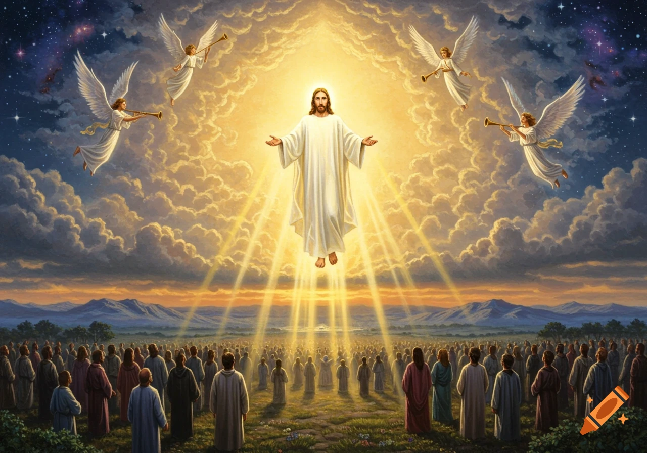 Jesus Christ floating above a crowd of people with angels blowing trumpets amidst a heavenly sky.