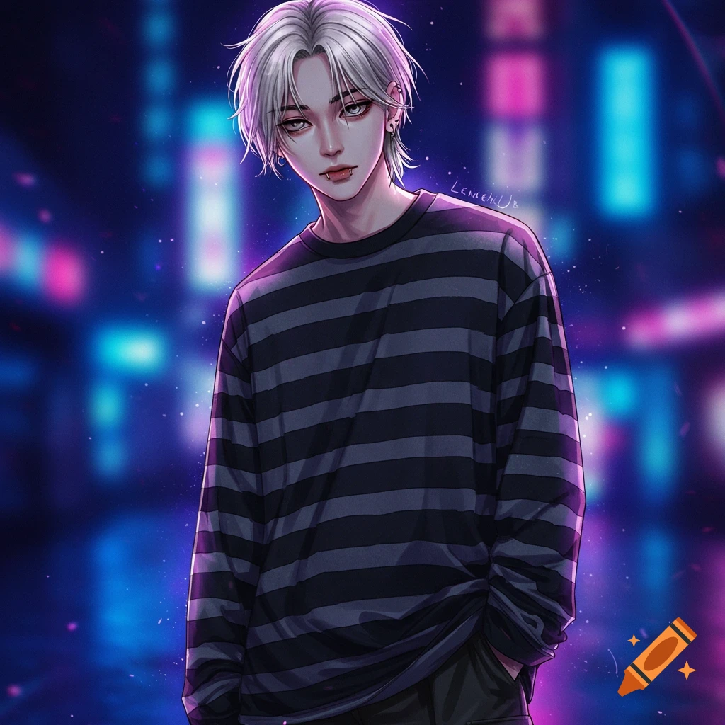 Anime-style portrait of a K-pop inspired male with silver hair, piercings, and a striped long-sleeve shirt, against a neon city background.